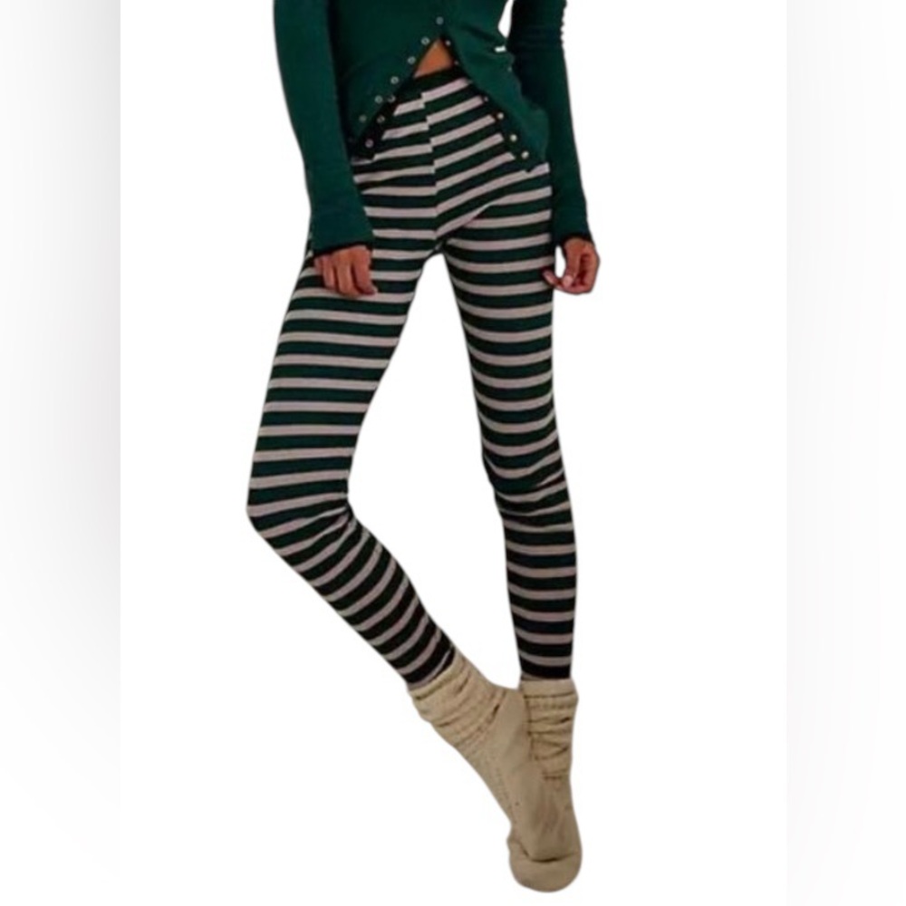 Free People Womens Large L Leggings Green Striped Stretch Pants Cottagecore Boho